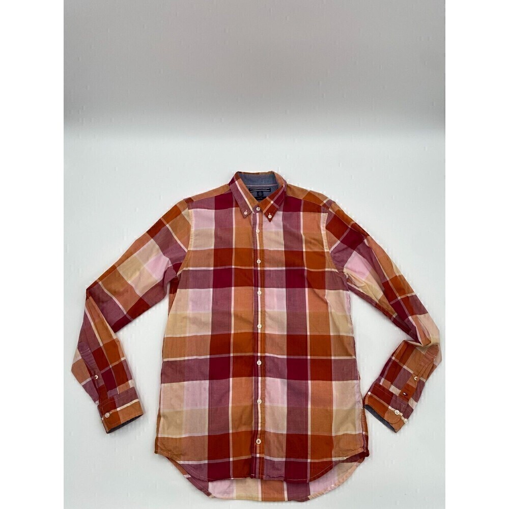 Tommy Hilfiger Checkered Long Sleeve Orange Brown For Men Size Medium Slim Fit